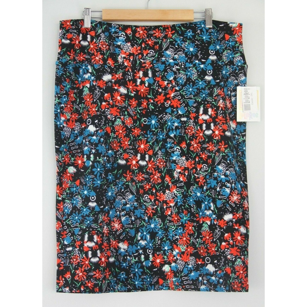 LuLaRoe Womens 2XL Cassie Pencil Wiggle Skirt Red Blue Black Flower Print #816